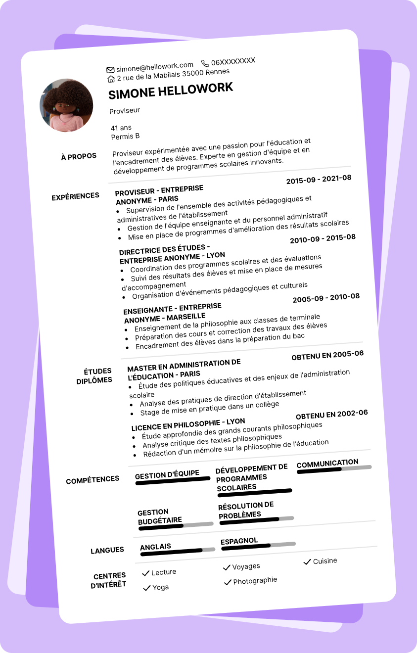 Modèle CV Proviseur Exemple CV Proviseur