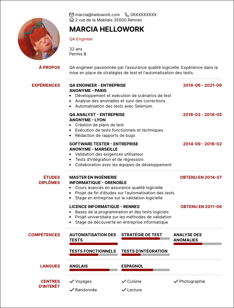 Modèle CV QA engineer Exemple CV QA engineer