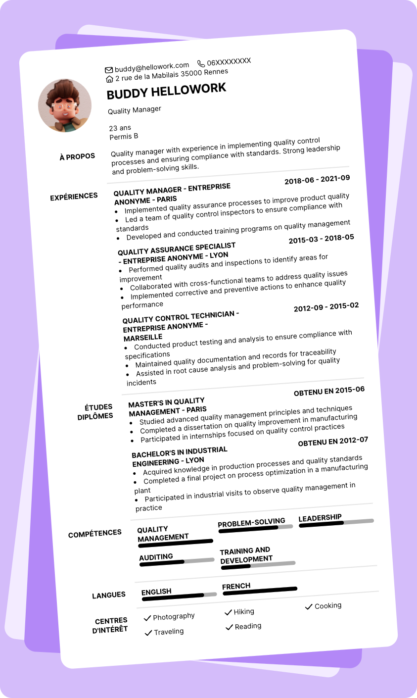Exemple CV Quality manager