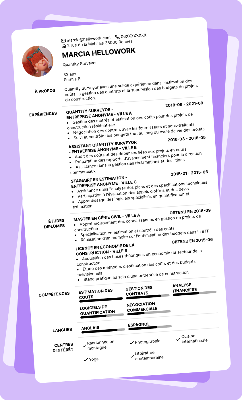 Exemple CV Quantity surveyor