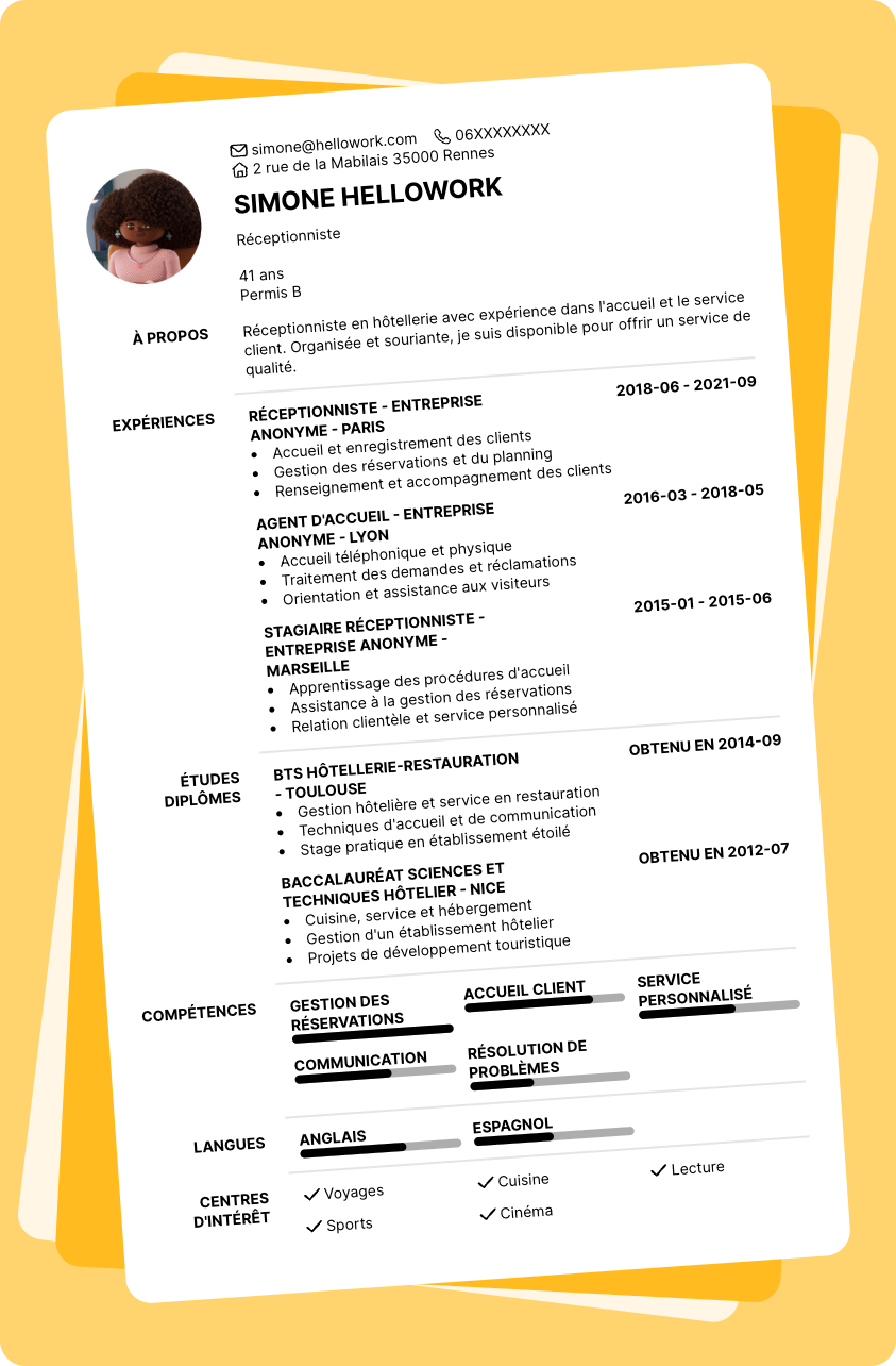 Modèle CV Réceptionniste en hôtellerie Exemple CV Réceptionniste en hôtellerie