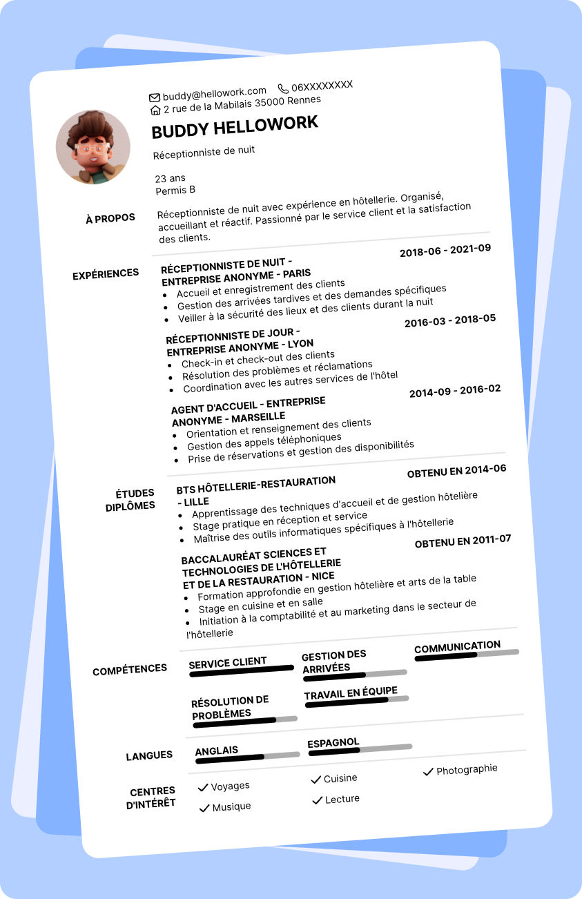 Exemple CV Réceptionniste de nuit