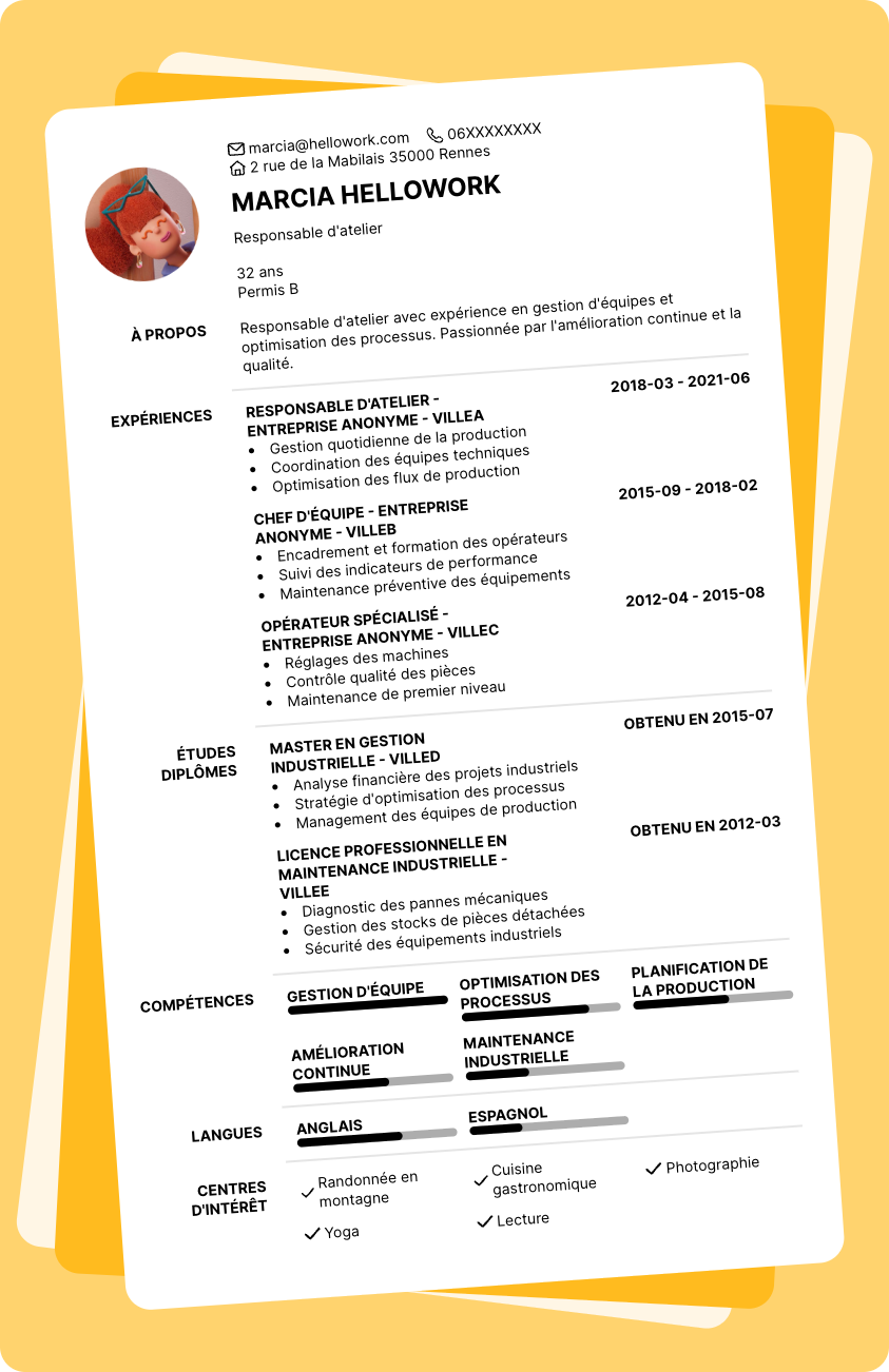 Modèle CV Responsable d'atelier Exemple CV Responsable d'atelier