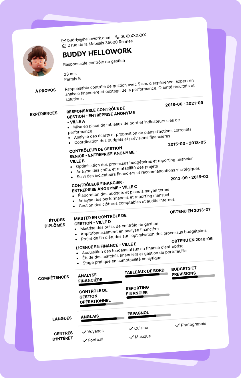Modèle CV Responsable contrôle de gestion Exemple CV Responsable contrôle de gestion