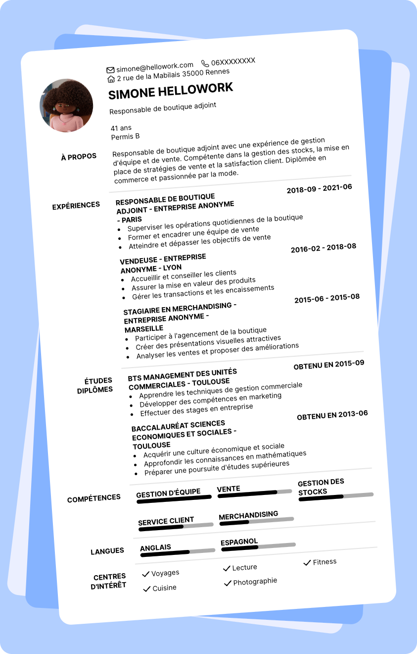 Exemple CV Responsable adjoint boutique