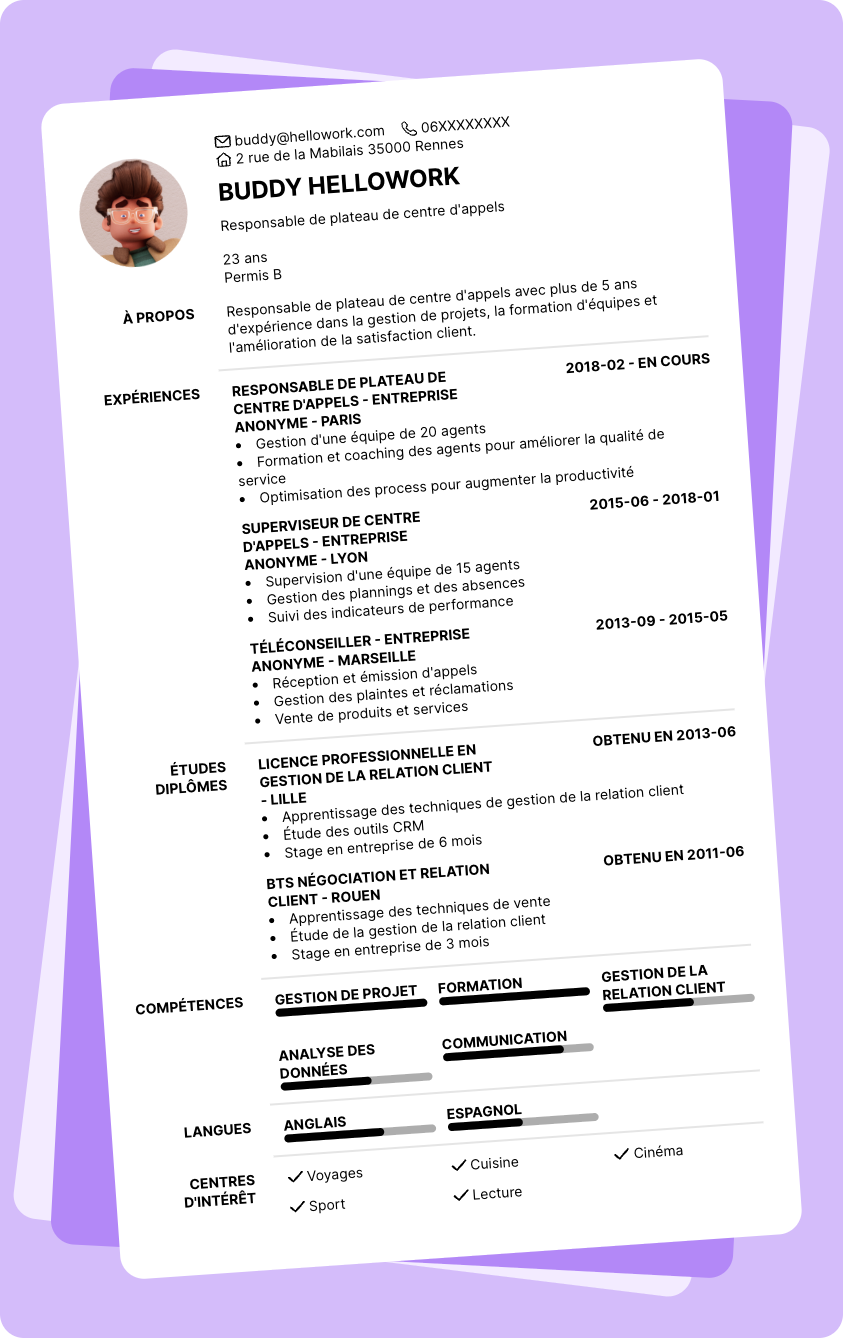 Exemple CV Responsable de plateau de centre d'appels