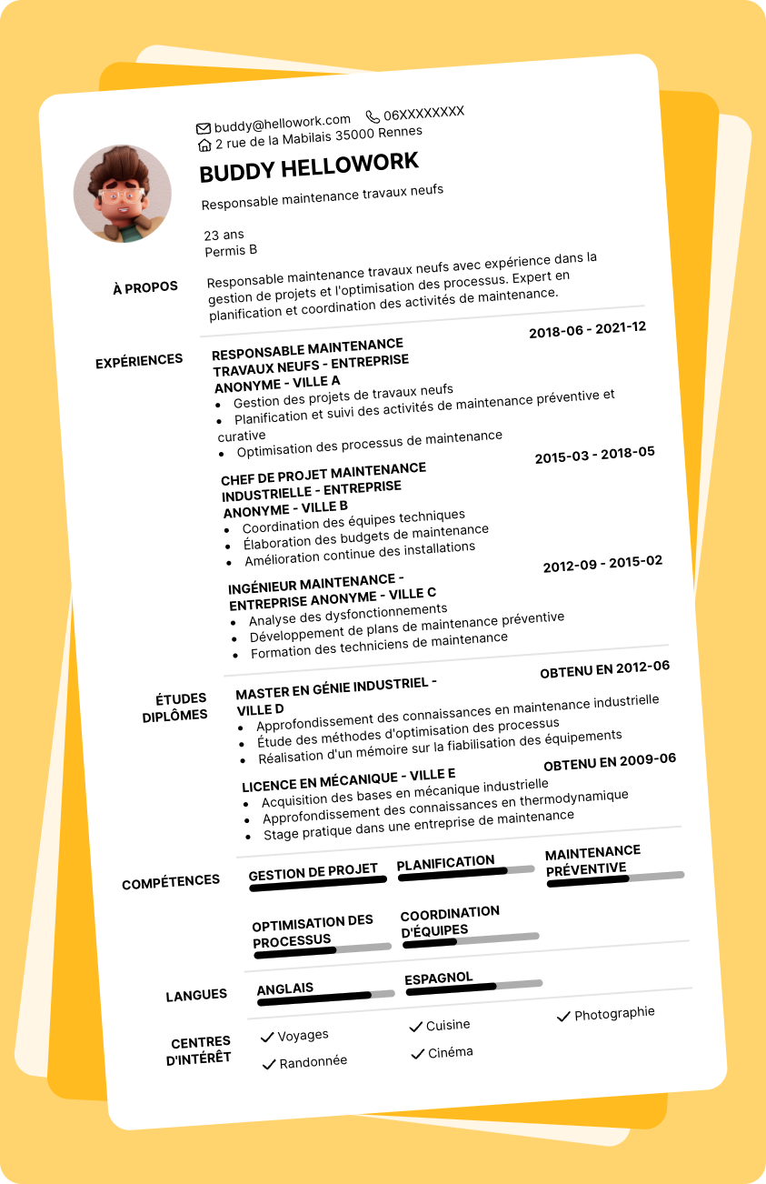 Exemple CV Responsable maintenance travaux neufs