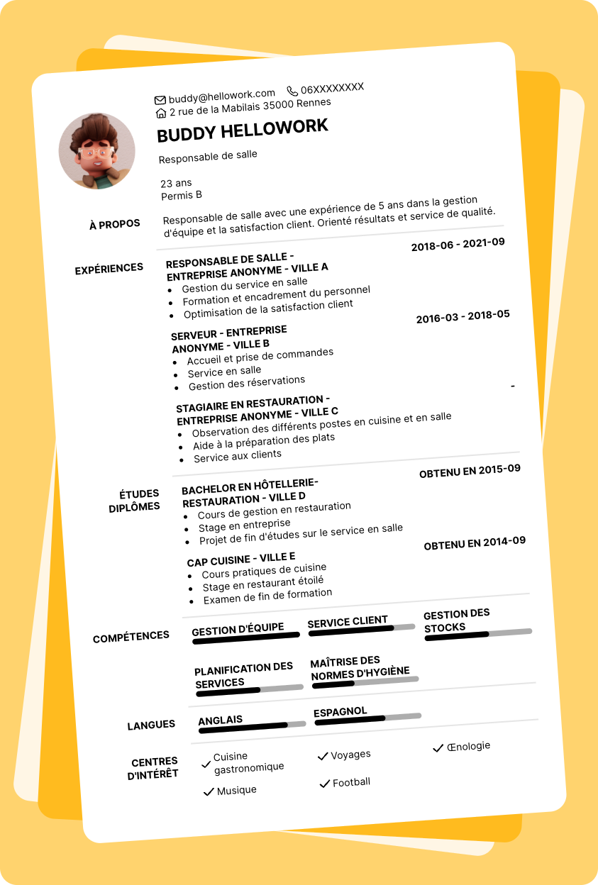 Modèle CV Responsable de salle Exemple CV Responsable de salle