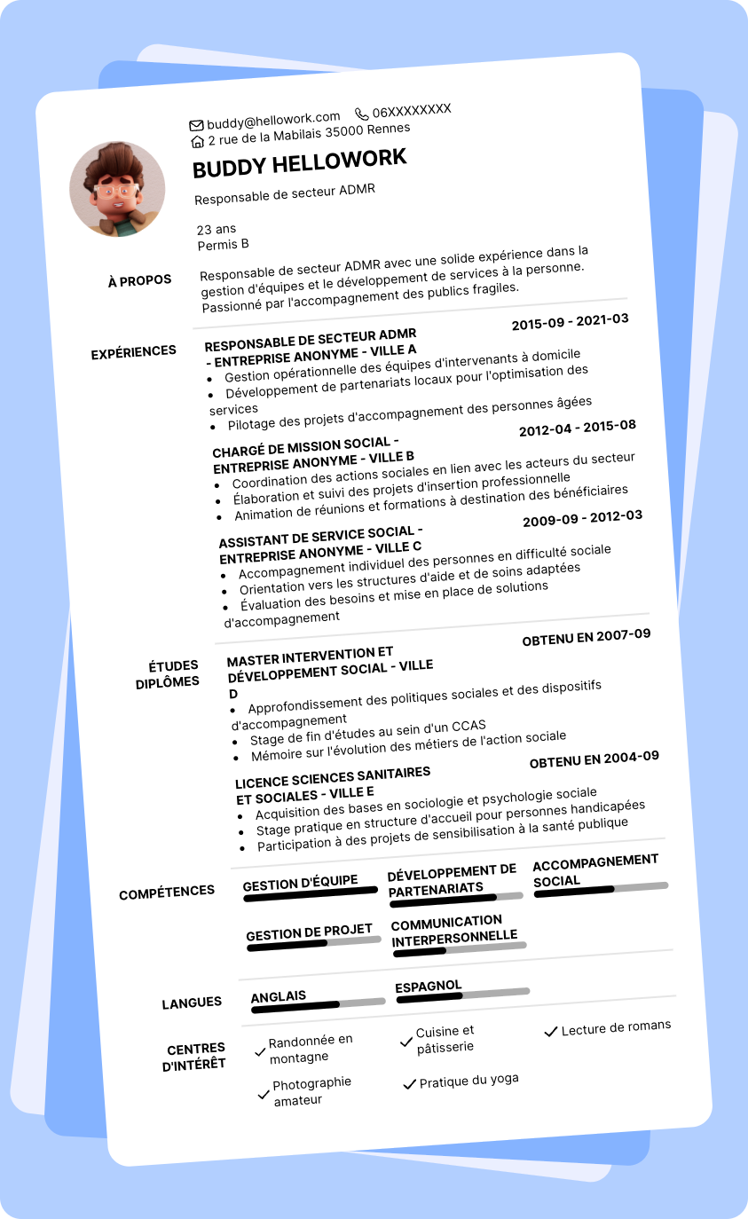 Modèle CV Responsable de secteur ADMR Exemple CV Responsable de secteur ADMR