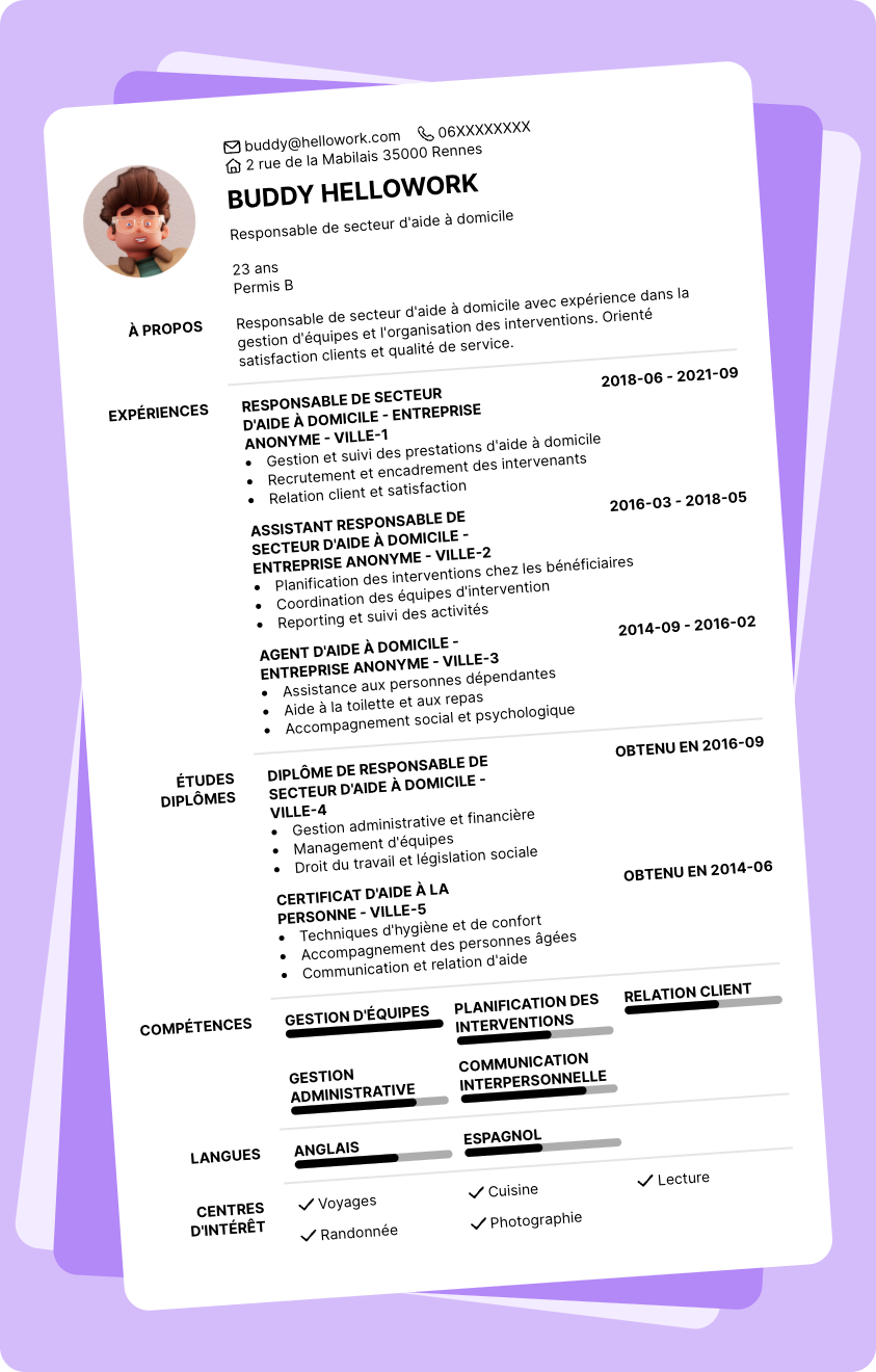 Modèle CV Responsable de secteur d'aide à domicile Exemple CV Responsable de secteur d'aide à domicile