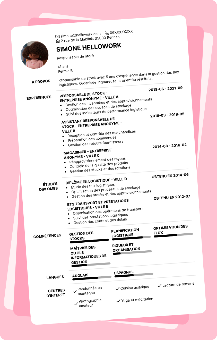Exemple CV Responsable de stock