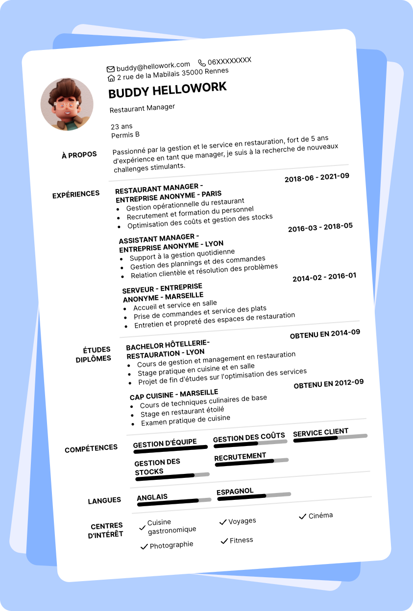 Modèle CV Restaurant manager Exemple CV Restaurant manager