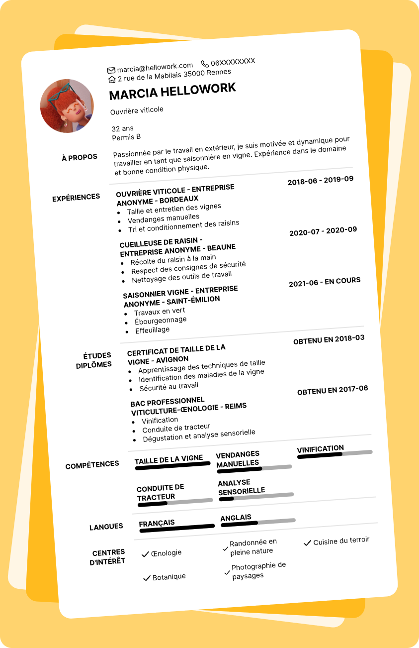 Modèle CV Saisonnier vigne Exemple CV Saisonnier vigne