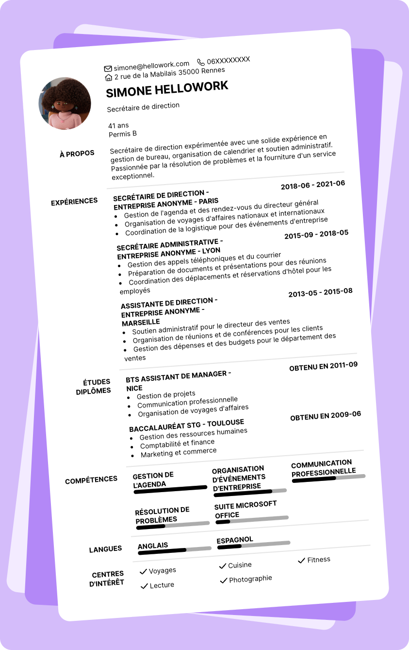 Modèle CV Secrétaire de direction Exemple CV Secrétaire de direction