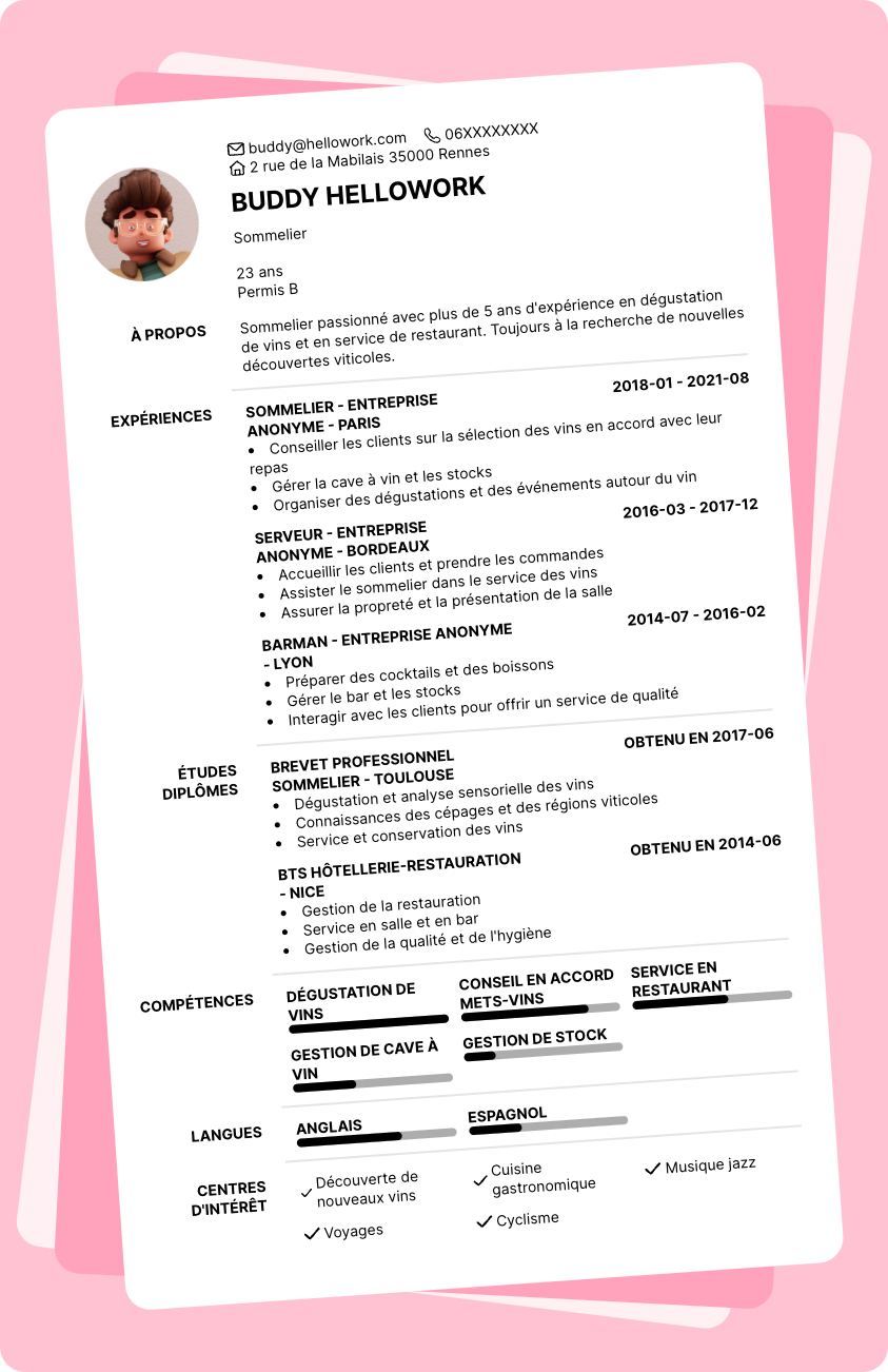 Modèle CV Sommelier Exemple CV Sommelier