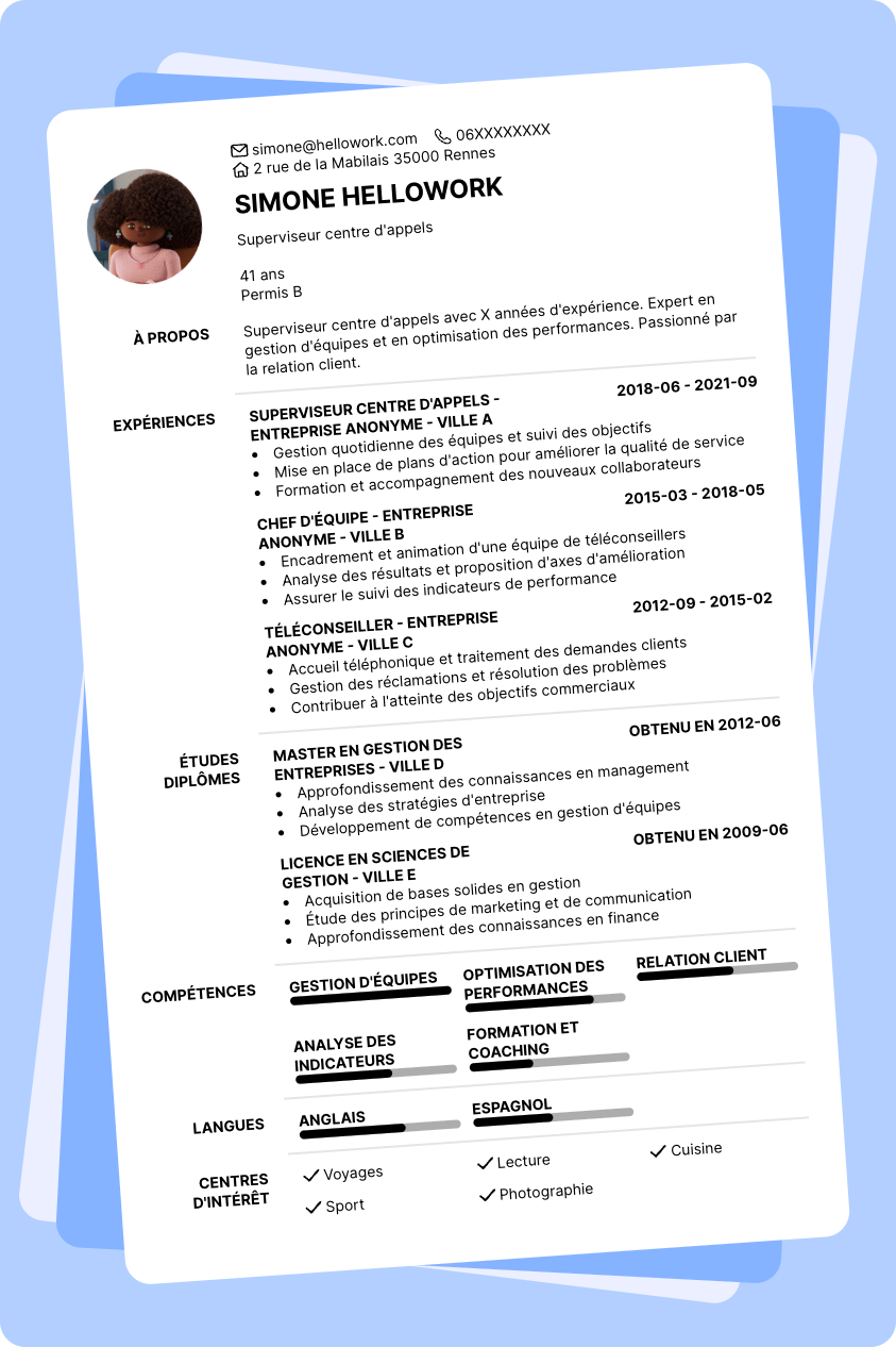 Exemple CV Superviseur centre d'appels
