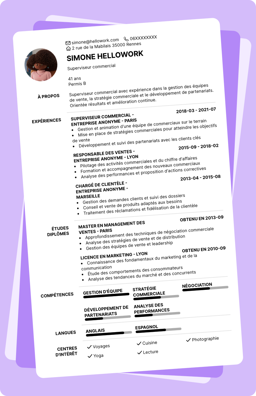 Modèle CV Superviseur commercial Exemple CV Superviseur commercial