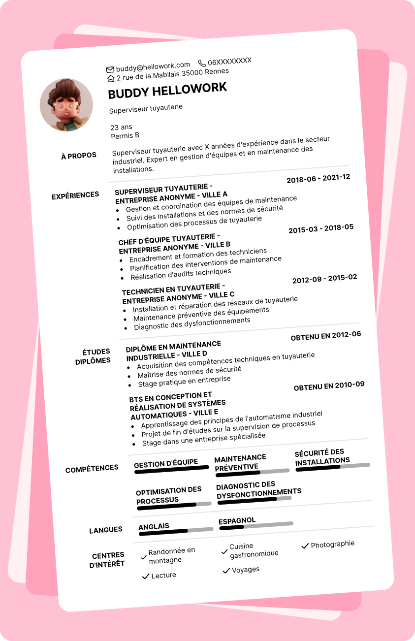 Exemple CV Superviseur tuyauterie