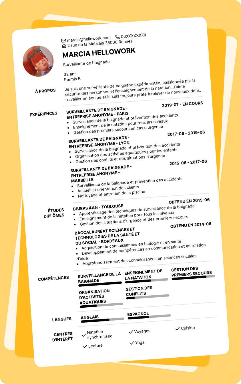 Modèle CV Surveillant de baignade Exemple CV Surveillant de baignade
