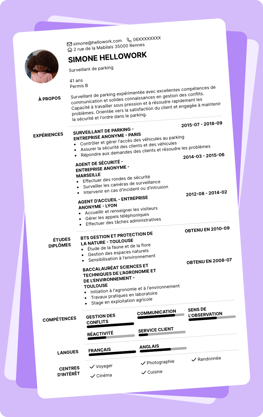 Exemple CV Surveillant de parking