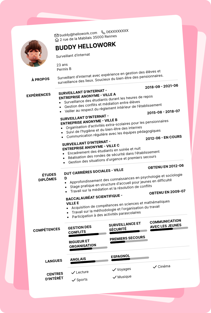 Exemple CV Surveillant d'internat