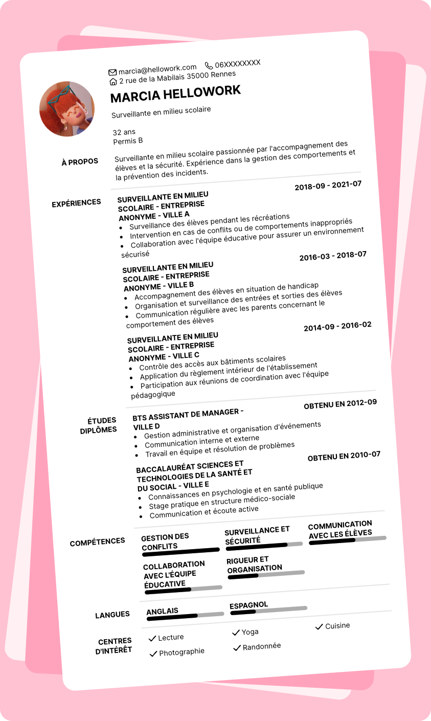 Exemple CV Surveillant en milieu scolaire
