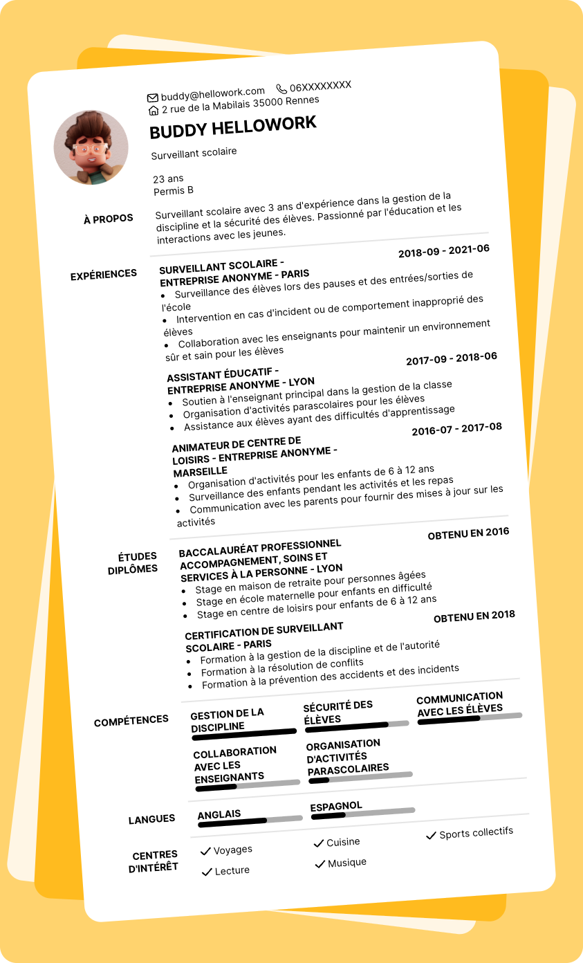 Modèle CV Surveillant scolaire Exemple CV Surveillant scolaire