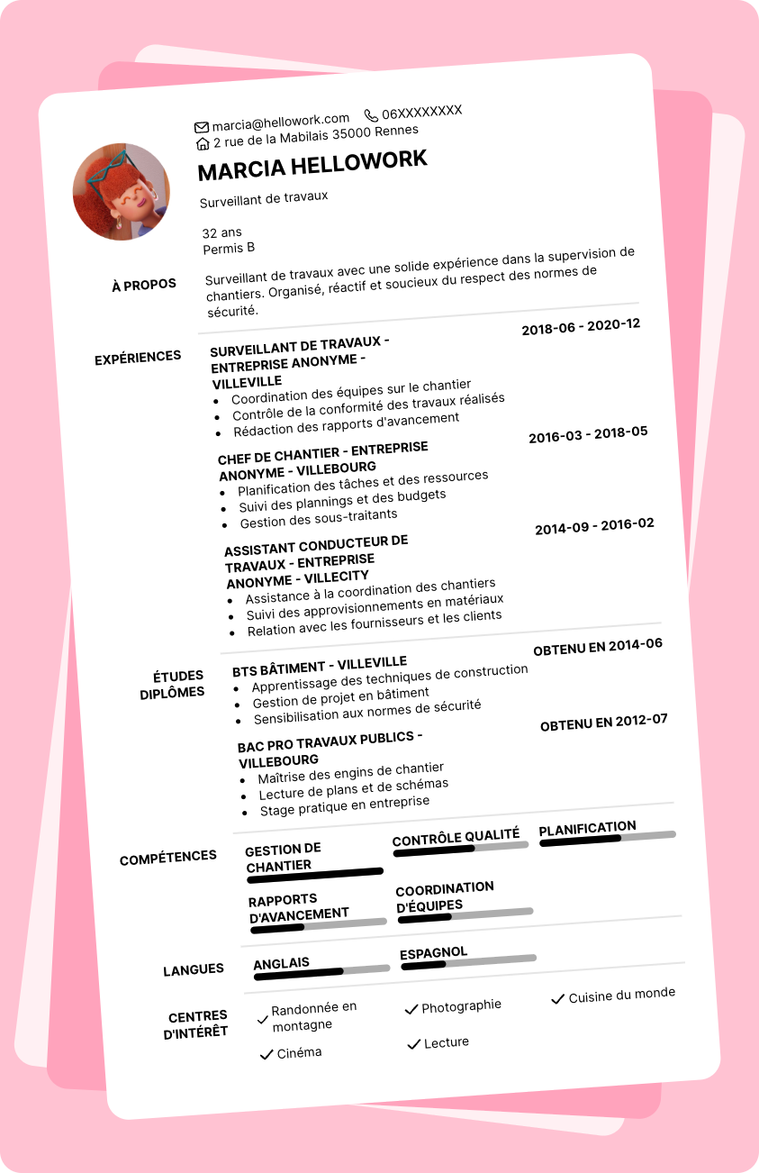 Modèle CV Surveillant de travaux Exemple CV Surveillant de travaux