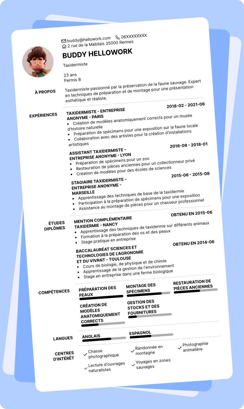 Modèle CV Taxidermiste Exemple CV Taxidermiste