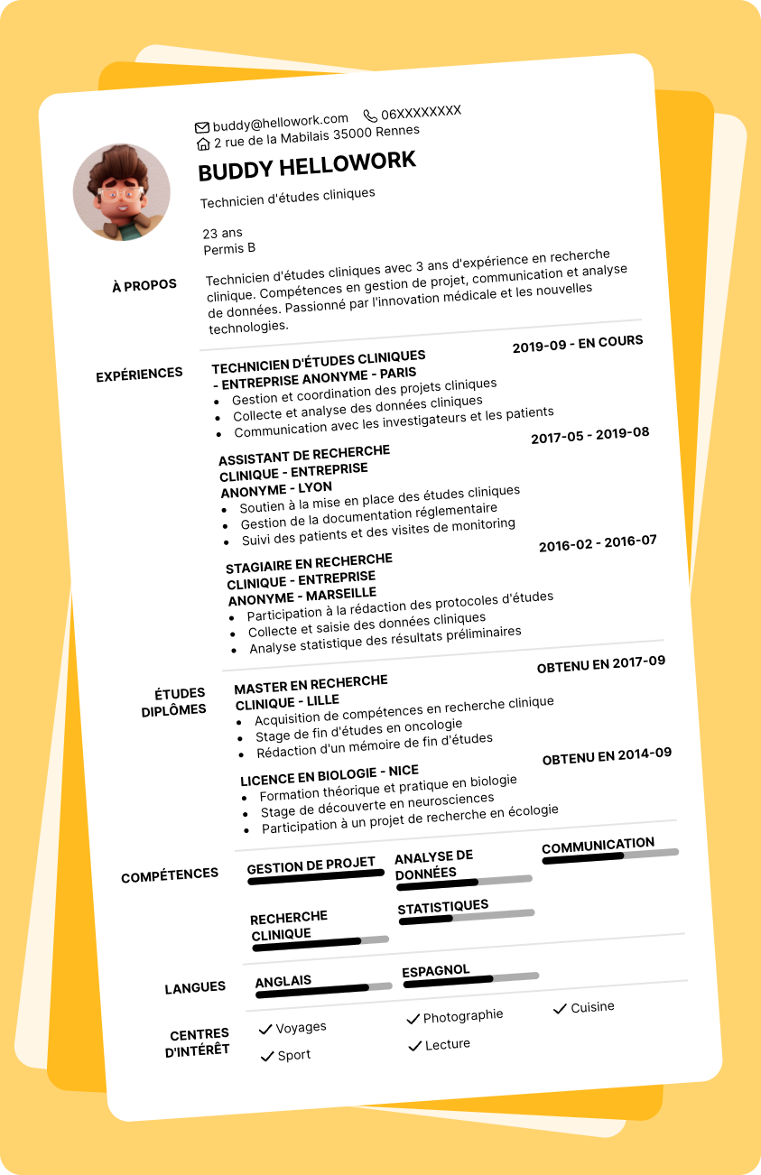 Modèle CV Technicien d'études cliniques Exemple CV Technicien d'études cliniques