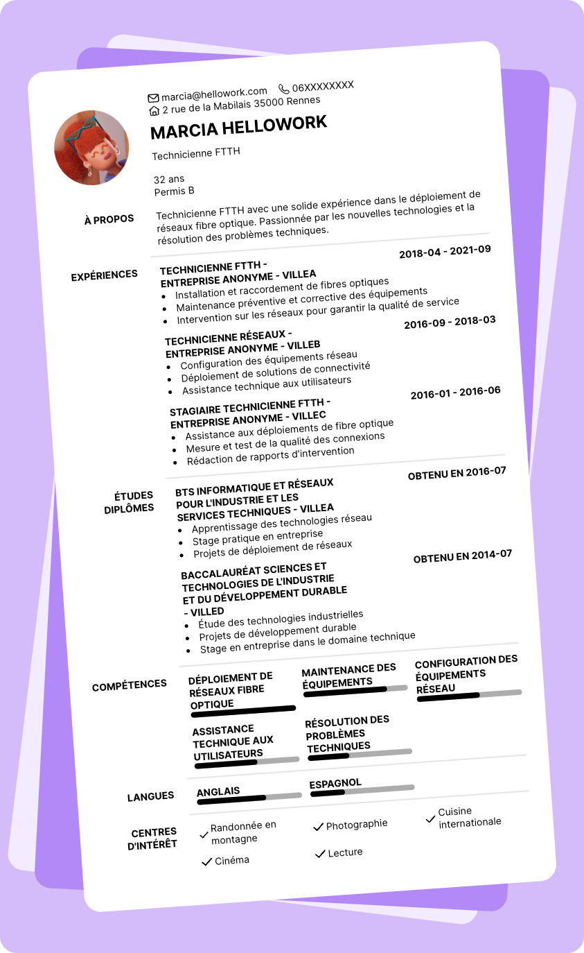 Modèle CV Technicien FTTH Exemple CV Technicien FTTH