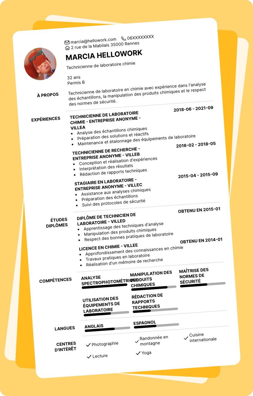 Modèle CV Technicien laboratoire chimie Exemple CV Technicien laboratoire chimie