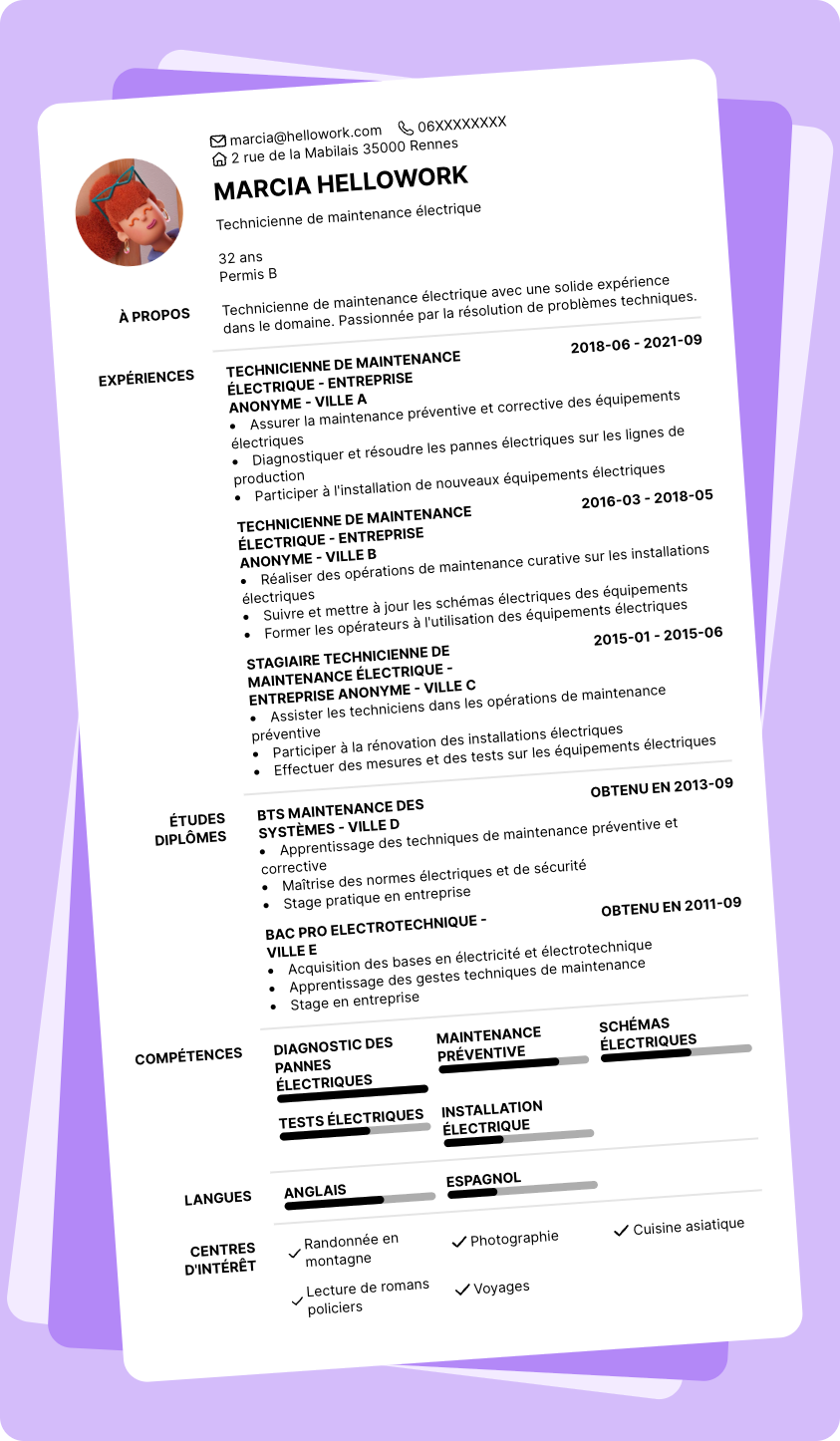 Exemple CV Technicien de maintenance électrique