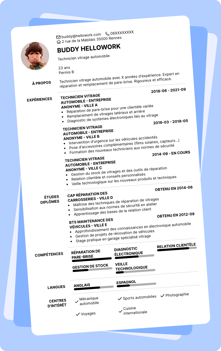Exemple CV Technicien vitrage automobile