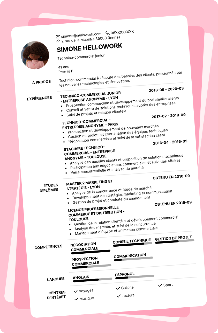 Modèle CV Technico-commercial sédentaire Exemple CV Technico-commercial sédentaire