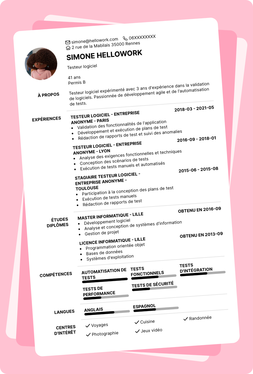 Modèle CV Testeur logiciel Exemple CV Testeur logiciel