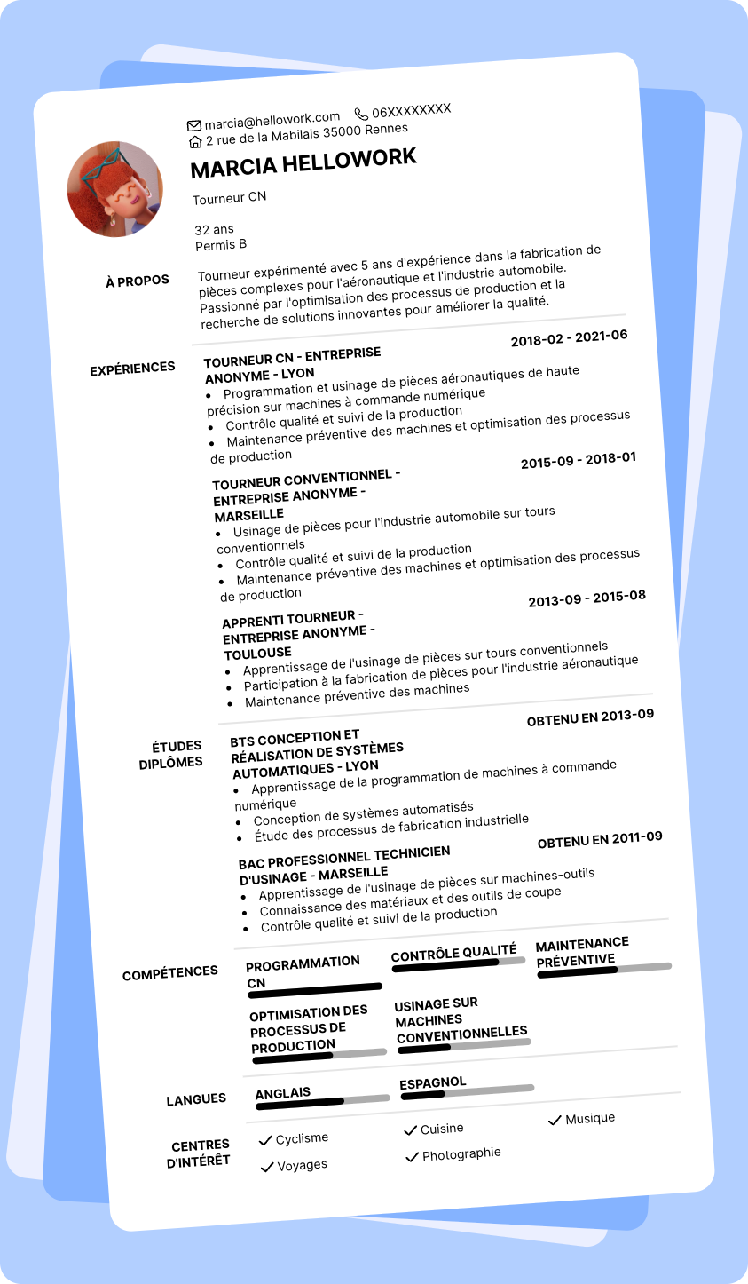 Modèle CV Tourneur Exemple CV Tourneur