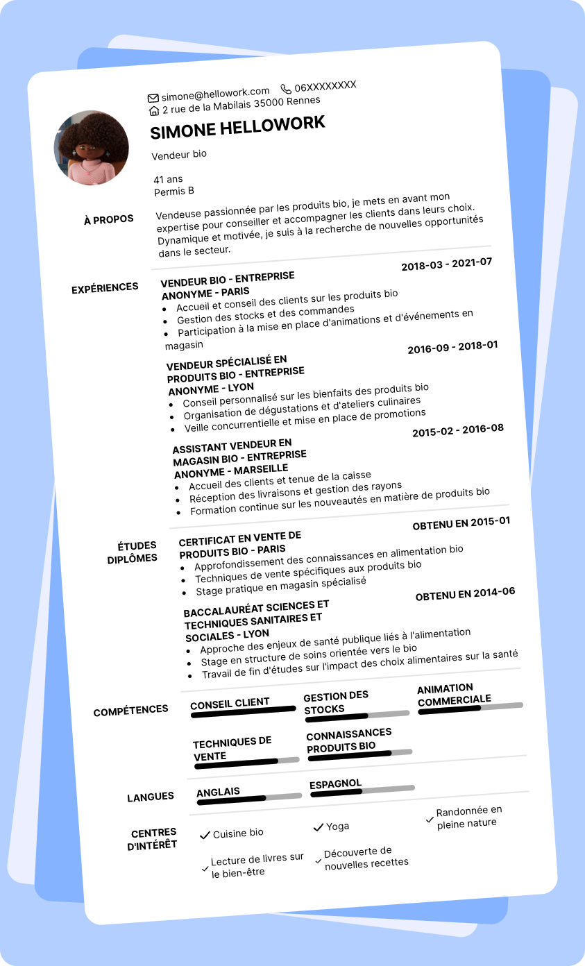 Modèle CV Vendeur bio Exemple CV Vendeur bio