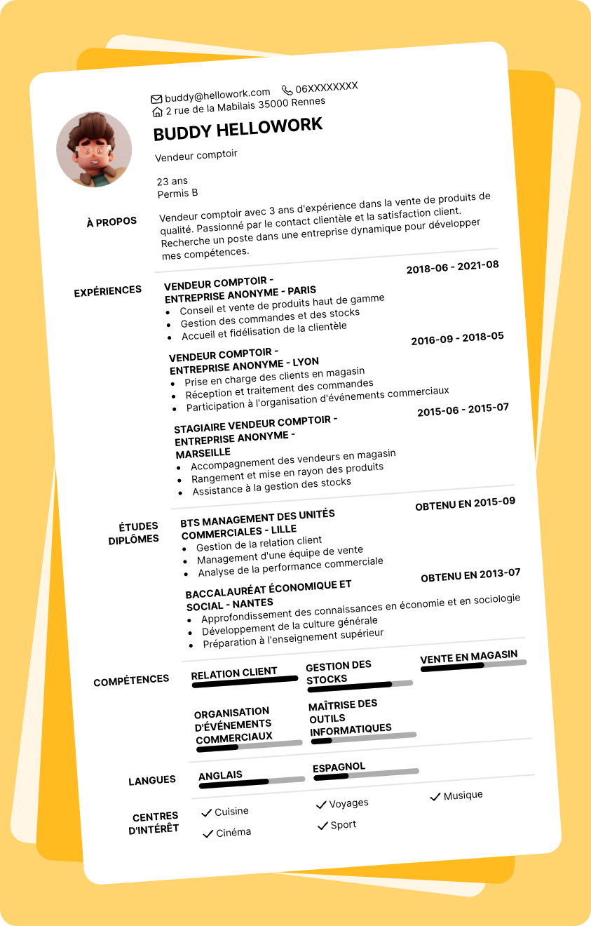 Modèle CV Vendeur comptoir Exemple CV Vendeur comptoir