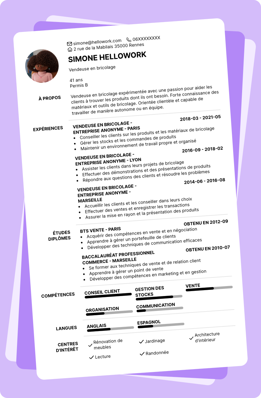 Exemple CV Vendeur en bricolage