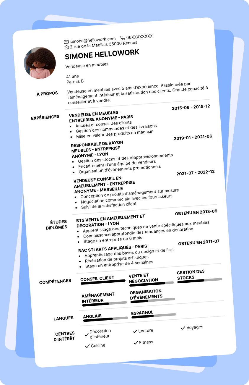 Exemple CV Vendeur de meubles