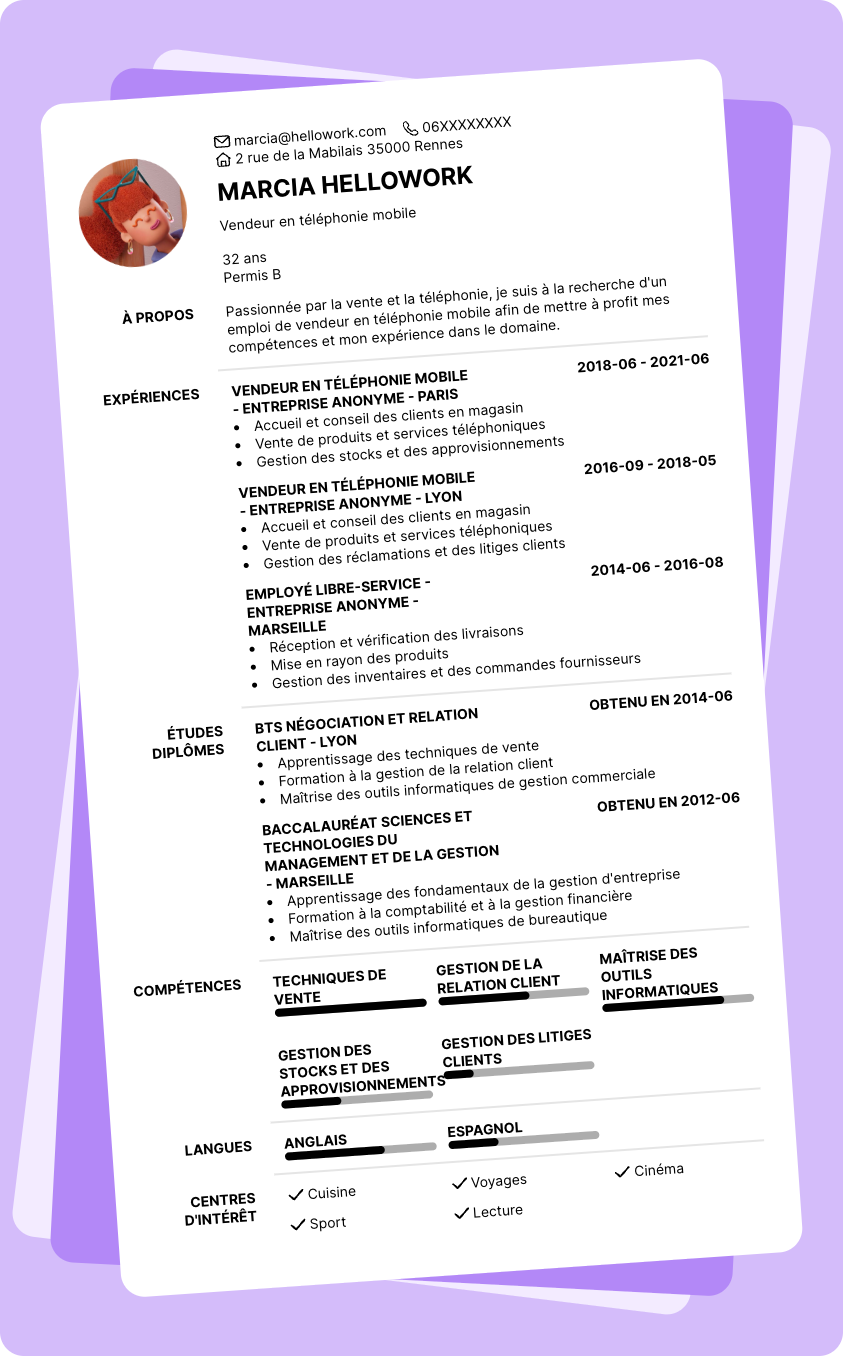 Modèle CV Vendeur en téléphonie Exemple CV Vendeur en téléphonie