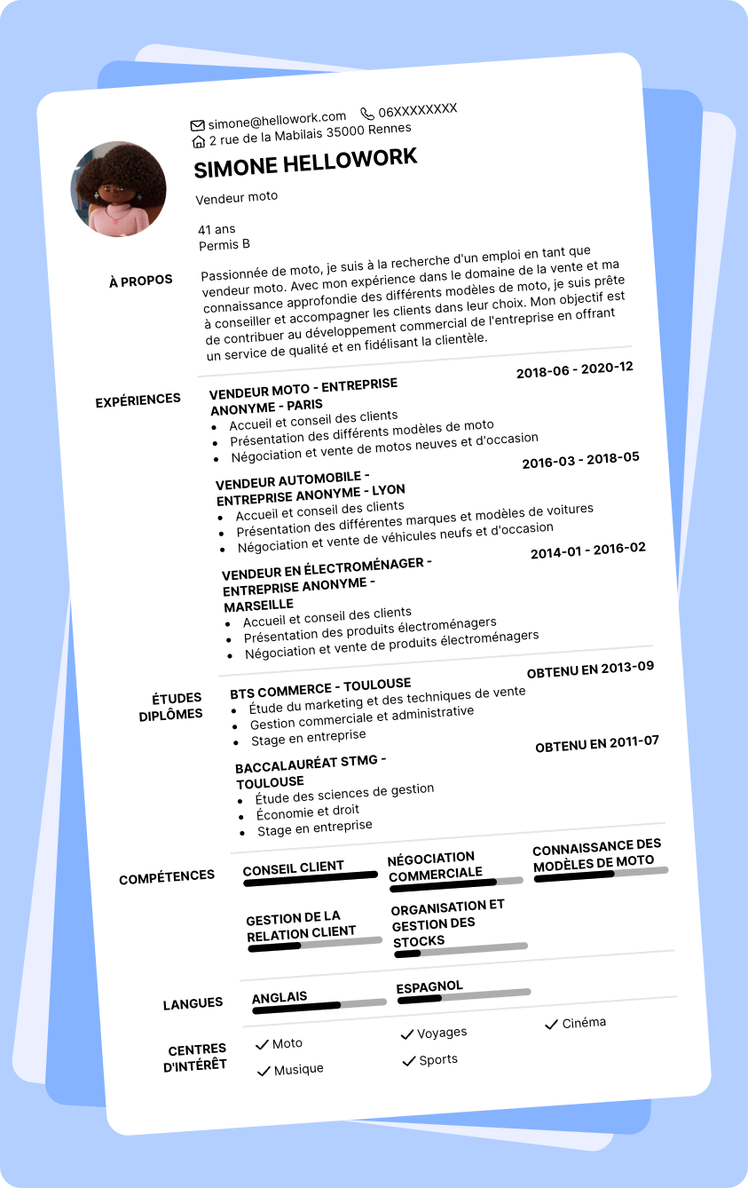 Modèle CV Vendeur moto Exemple CV Vendeur moto