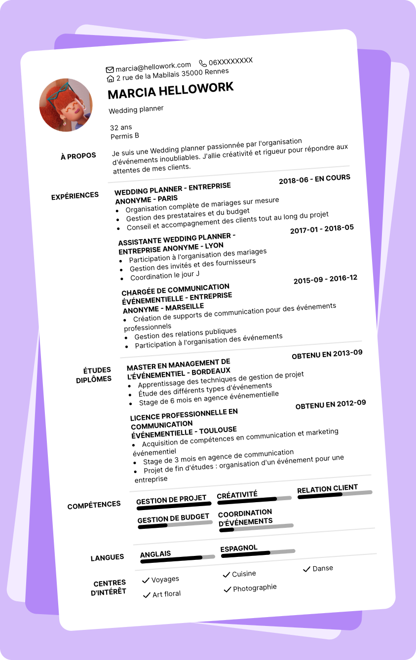 Exemple CV Wedding planner