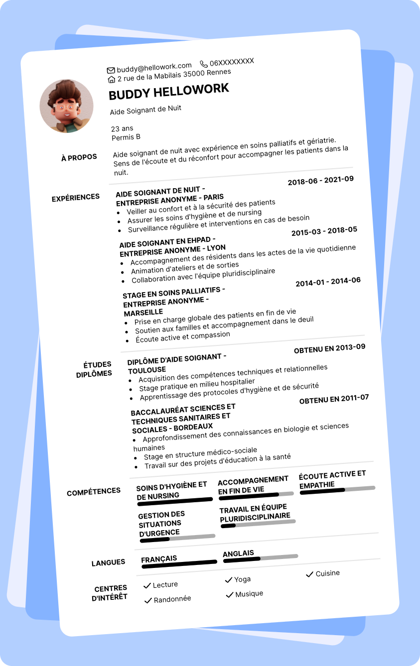 Modèle CV Aide soignant de nuit Exemple CV Aide soignant de nuit