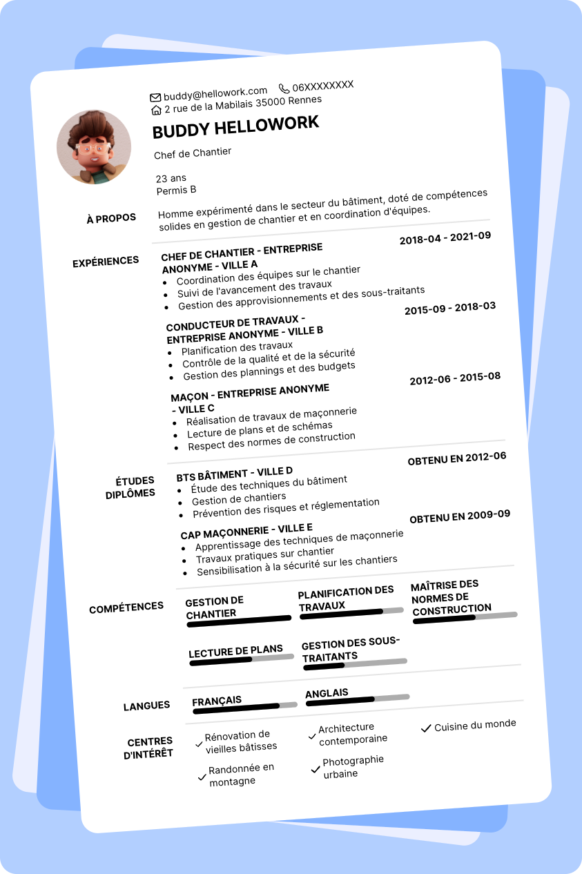 Modèle CV Bâtiment Exemple CV Bâtiment