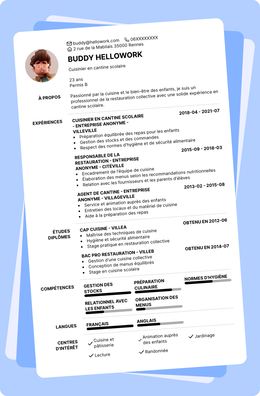 Modèle CV Cantine scolaire Exemple CV Cantine scolaire