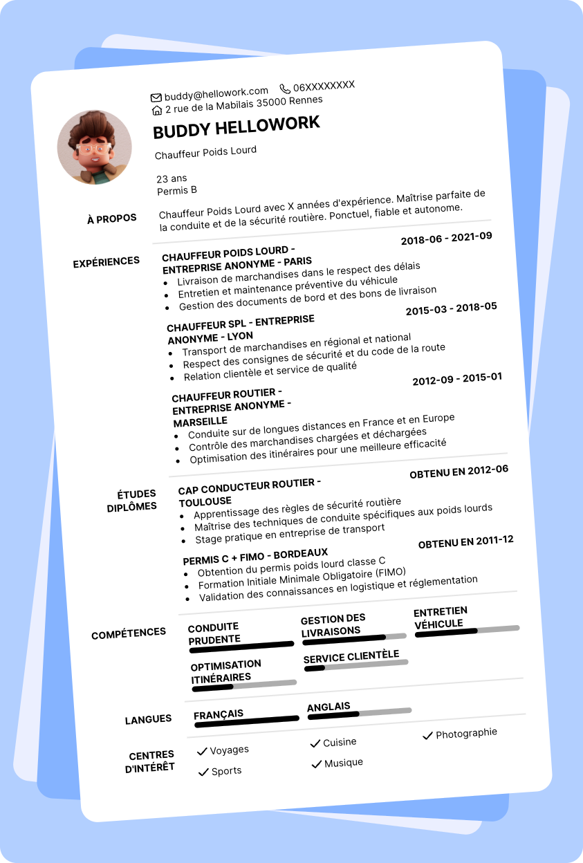 Modèle CV Chauffeur Poids Lourd Exemple CV Chauffeur Poids Lourd