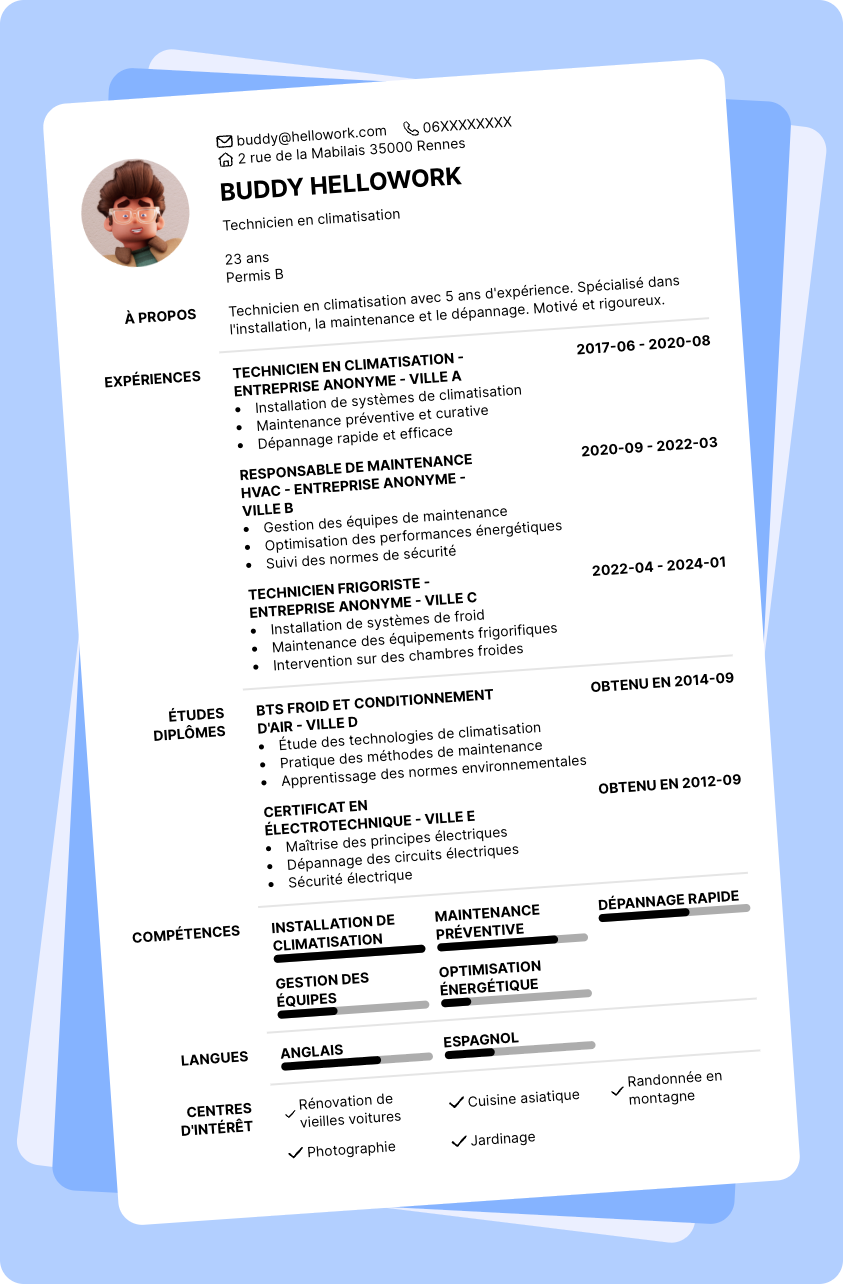 Modèle CV Climatisation Exemple CV Climatisation