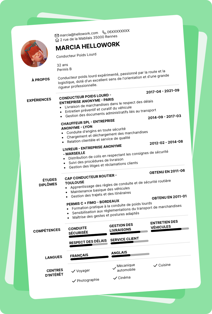 Modèle CV Conducteur Poids Lourd Exemple CV Conducteur Poids Lourd